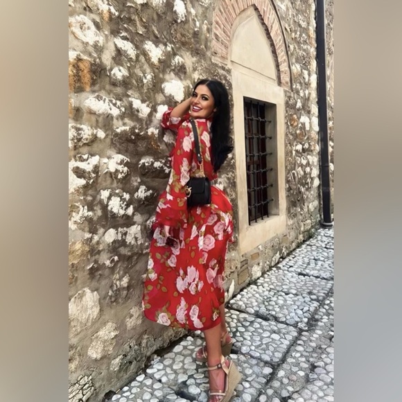 Zara Red Ruffled Tiered Midi Dress for Wedding Guest - Picture 2 of 6